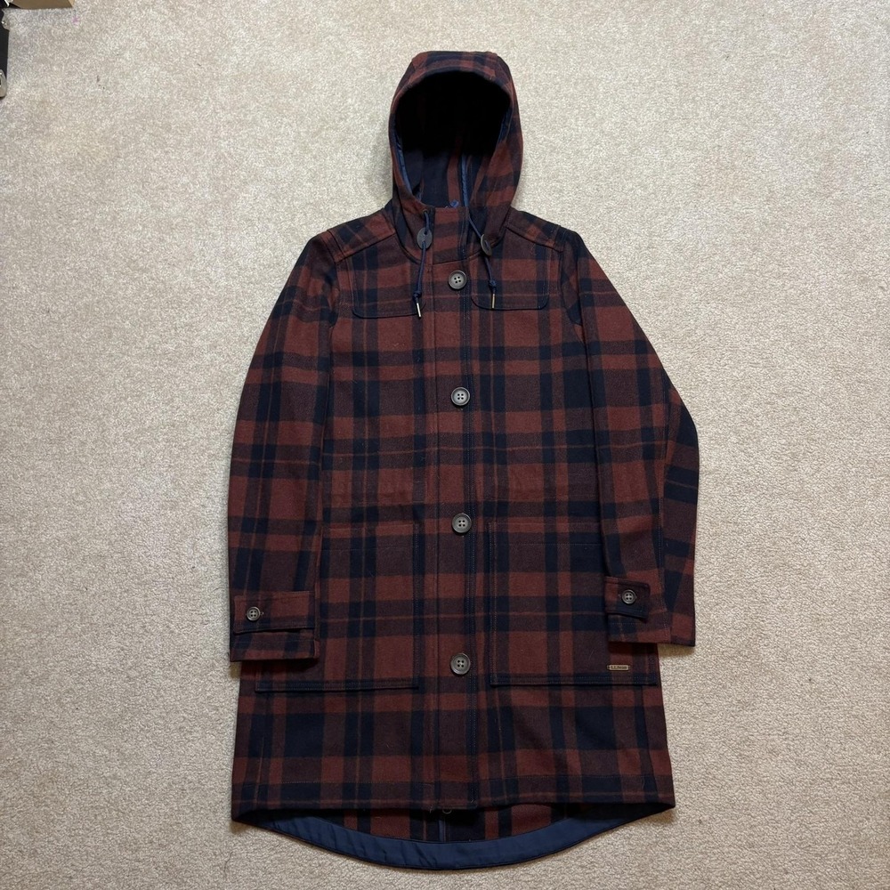 L.L.Bean Coat Mens Medium Red Plaid Wool Parka Full Zip Hooded 515694 Outdoor